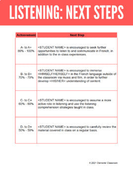 Ontario CORE FRENCH Report Card Comment Builder - FSL Elementary Grades 4 to 8