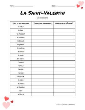 La Saint-Valentin - Valentine's Day - French Vocabulary Activity + Word Wall