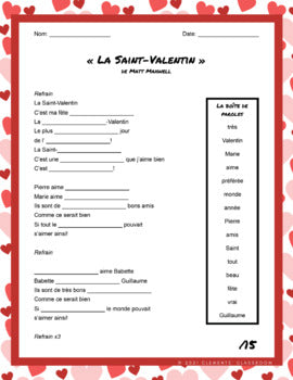 La Saint-Valentin - French Song/Chanson -Fill in the Blanks - Listening Activity