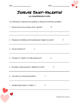 La Saint-Valentin - French Valentine's Day Reading Comprehension