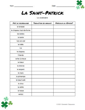 La Saint-Patrick - St. Patrick's Day - French Vocabulary Activity, Word Wall & Bingo