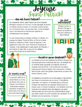 Jour de la Saint-Patrick - St. Patrick's Day French Reading Comprehension