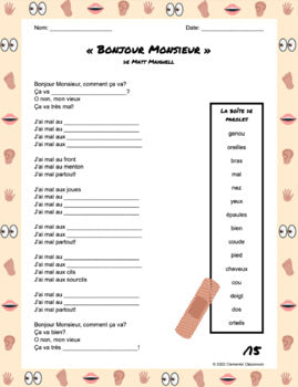 Bonjour Monsieur - French Song/Chanson - Fill in the Blanks - Listening Activity