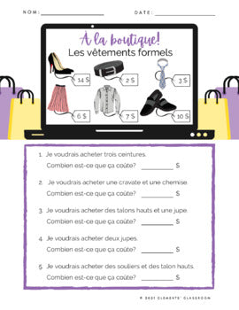 À la Boutique de Vêtements - At the Clothing Boutique - French Math Activity