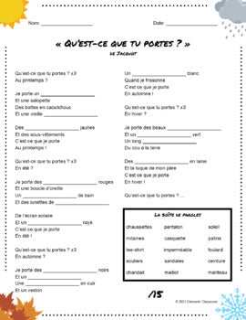 Vêtements - French Songs / Chansons - Fill in the Blanks Listening Activities