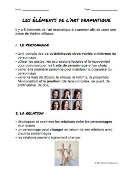 Les éléments de l'art dramatique - French Elements of Drama Note and Template