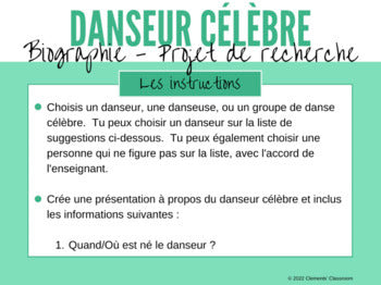 Danseur célèbre - French Biography Research Project for Google Slides™